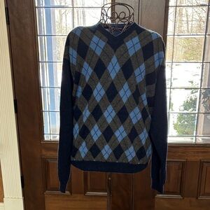 John Ashford Cashmere Navy and Gray Argyle V-Neck Sweater